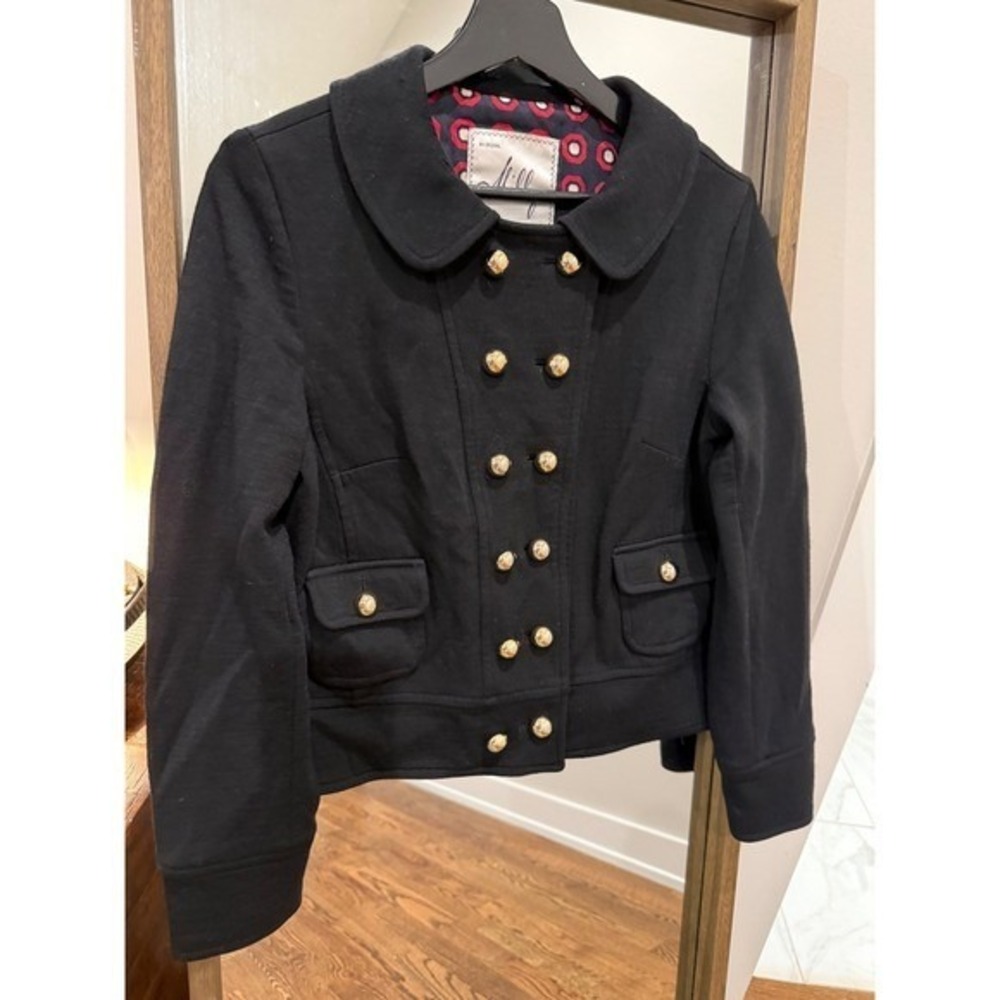 Milly Black Double Breasted Blazer Jacket Gold Buttons Collar Size M Silk Wool